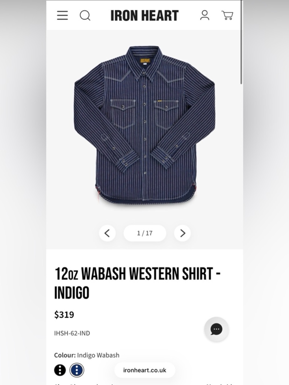 IHSH-62-IND 12oz Wabash Western Shirt - Indigo M NWT